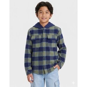 Large 10-12 Boys Hooded Shirt Jacket-warm Plaid Flannel Long Sleeve-cat & Jack